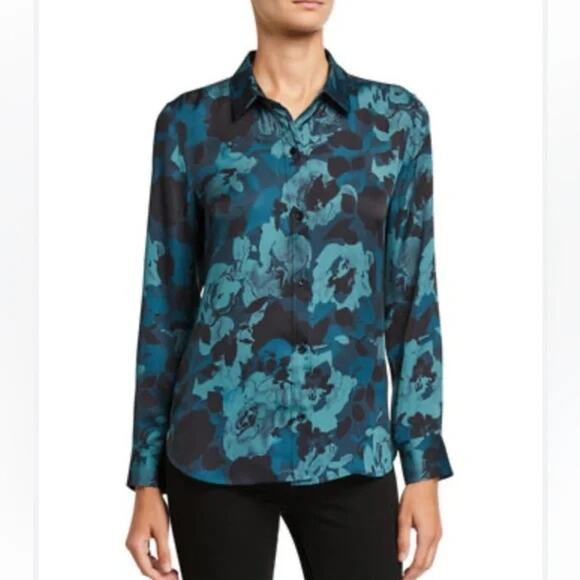 Equipment Women's Leema Shirt polyester silky teal floral long sleeve XS casual_ - Picture 2 of 9